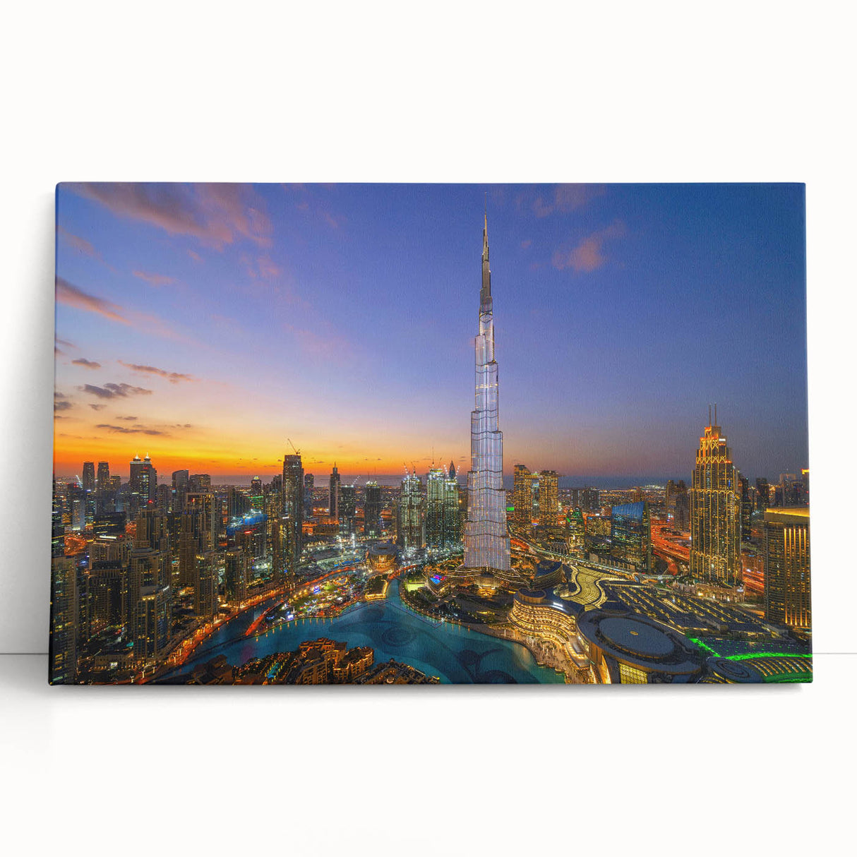 Black and white image of Burj Khalifa on large stretched canvas, suited for kitchen wall art or bedroom decor.