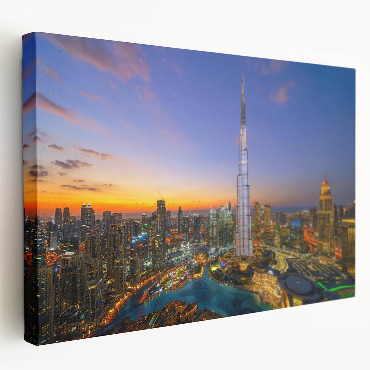 Panoramic view of the Burj Khalifa on a stretched canvas, in muted earth tones, suitable for kitchen wall art.