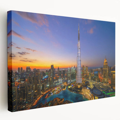 Panoramic view of the Burj Khalifa on a stretched canvas, in muted earth tones, suitable for kitchen wall art.