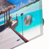 Large abstract wall art of Bora Bora's oceanic scenery in pastel shades on acrylic glass, ideal for dining room art.