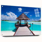 Acrylic print of Bora Bora seascape in soft blue and green tones, ideal for bedroom or dining room decor.