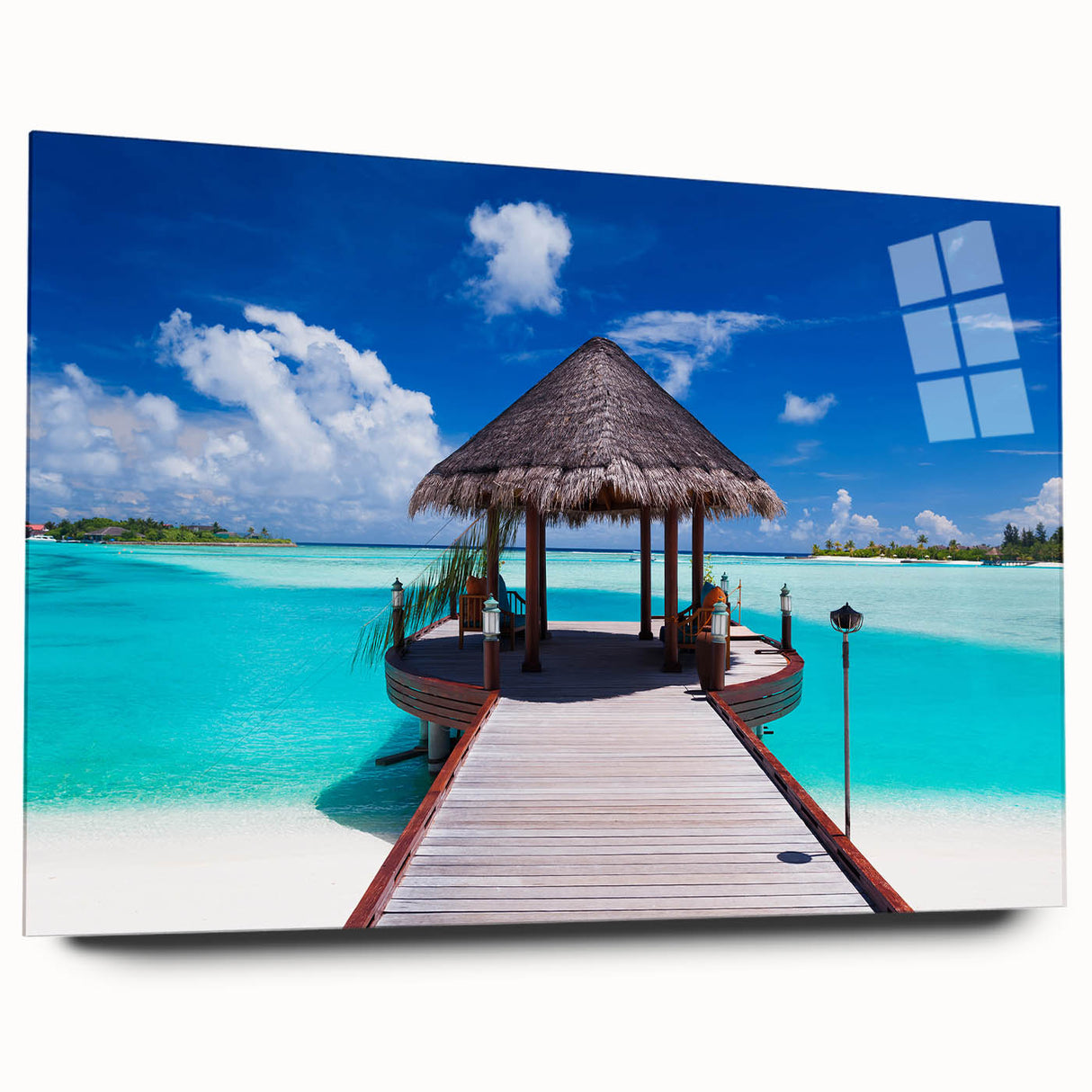 Acrylic print of a serene Bora Bora landscape, featuring turquoise waters and lush greenery.