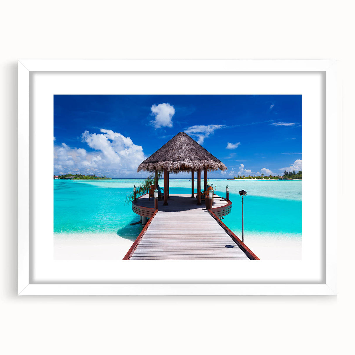 Abstract art print of French Polynesia's Bora Bora in muted blue and green tones, framed with a white mat.