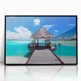 Large abstract wall art depicting the Bora Bora landscape in muted blue and green tones, framed in black acrylic.