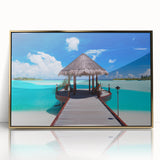 Mid-century modernist style acrylic print of a serene Bora Bora landscape, framed in gold, ideal for modern art wall decor.