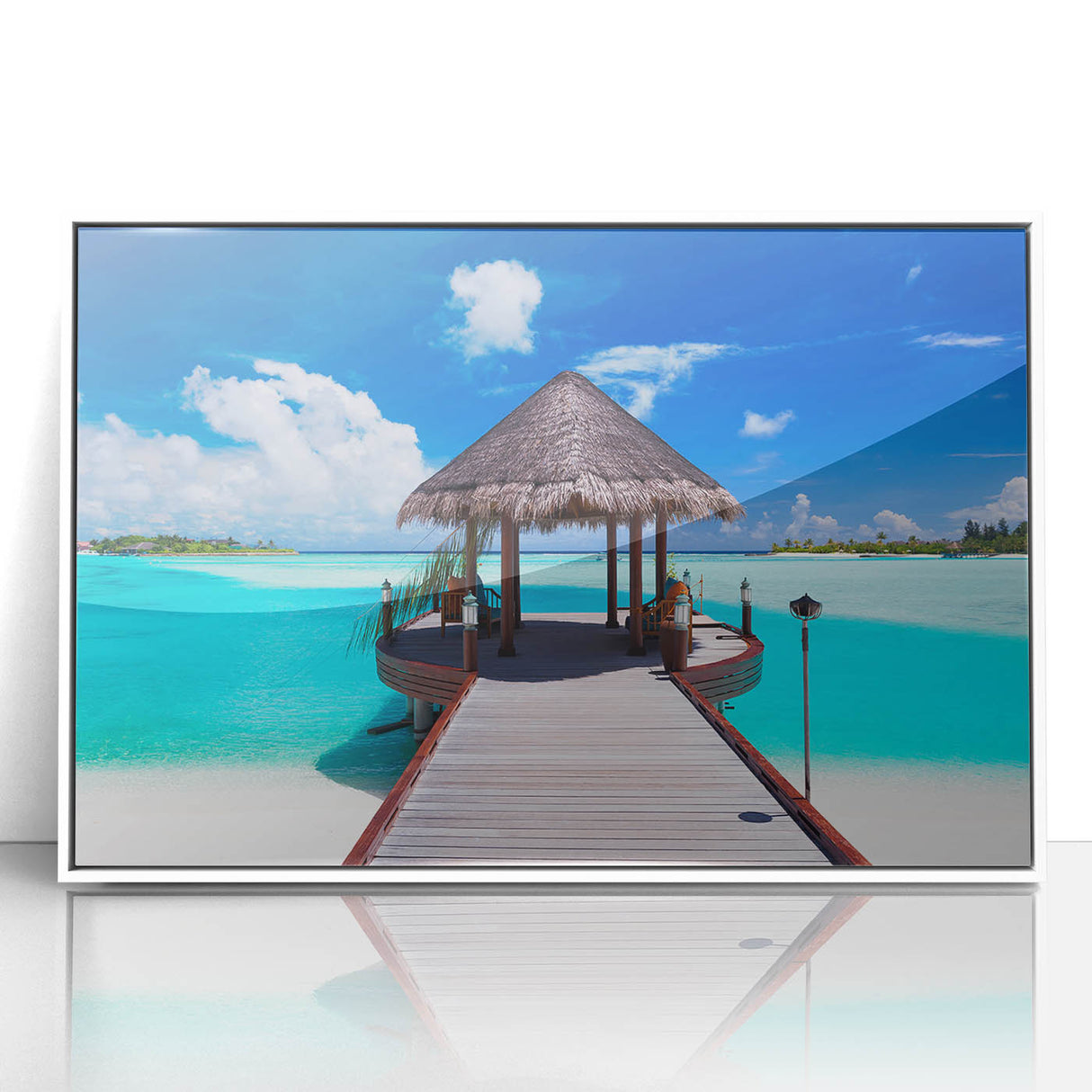 Acrylic print of Bora Bora scenery with turquoise sea and lush green islands, in a white frame.