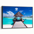 Black and white framed canvas of Bora Bora landscape, ideal for bedroom wall decor.
