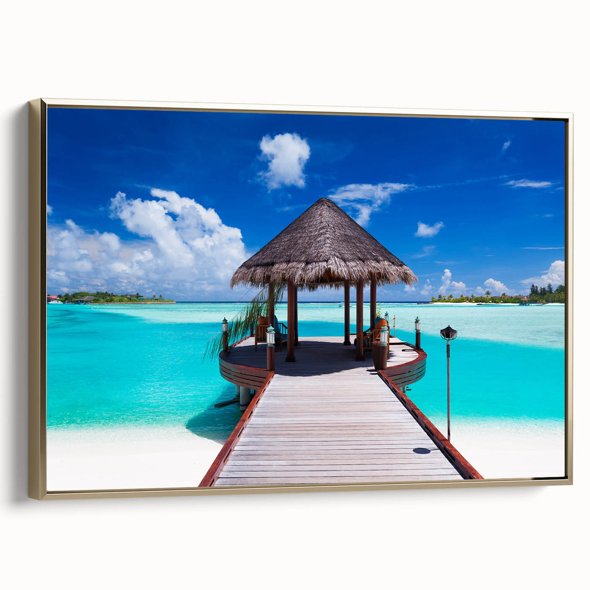 Framed canvas of a serene Bora Bora landscape in muted blues and greens, ideal for bedroom wall art.