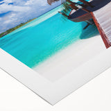 Art deco poster featuring a serene Bora Bora landscape with pastel blue and green hues on rolled canvas.