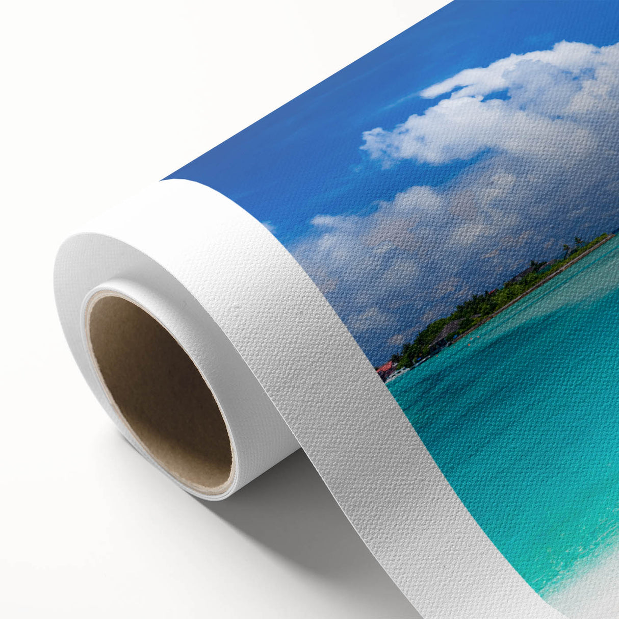 Art Deco poster of Bora Bora scenery on rolled canvas, featuring pastel blue and green tones, ideal for nursery wall art.