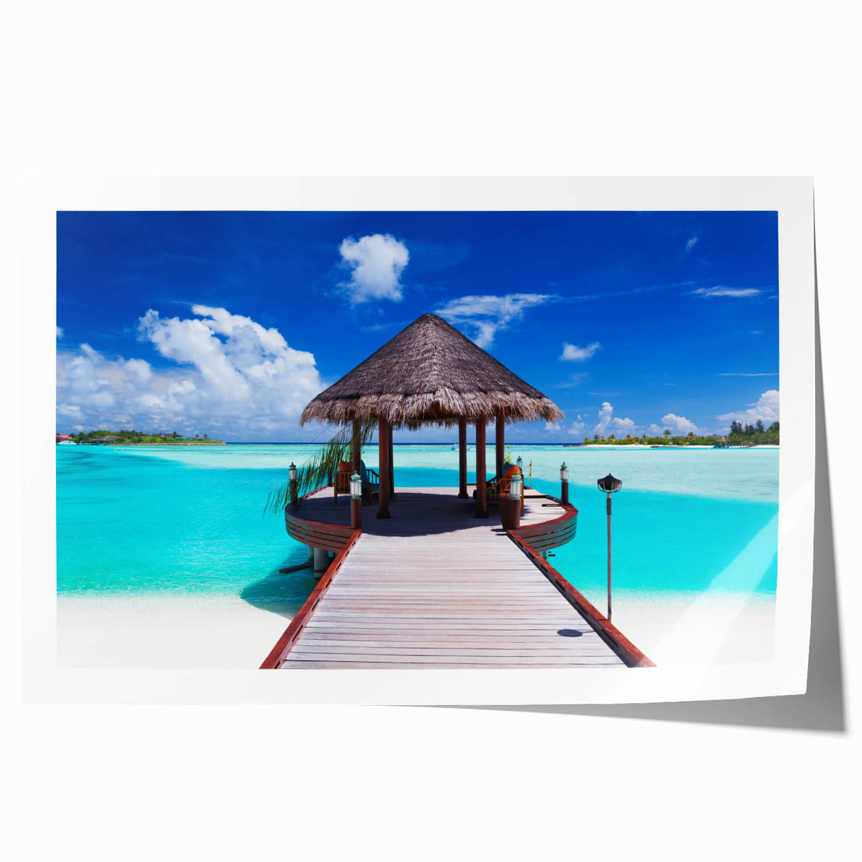 Extra large rolled print of Bora Bora scenery with vibrant blue ocean and lush green islands, ideal for dining room wall art.