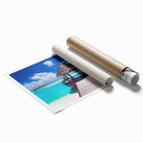 Extra large rolled canvas featuring a serene Bora Bora landscape with lush florals and soft blue tones.