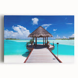 Black and white print of Bora Bora's serene landscape on stretched canvas, ideal for kitchen art.