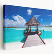 Panoramic view of Bora Bora's turquoise waters and lush mountains on stretched canvas, suitable for kitchen wall art.