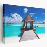 Panoramic view of Bora Bora's turquoise waters and lush mountains on stretched canvas, suitable for kitchen wall art.