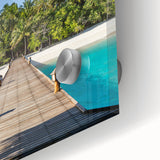 Large abstract wall art of French Polynesia's oceanic scenery in muted blue and green tones on acrylic glass.