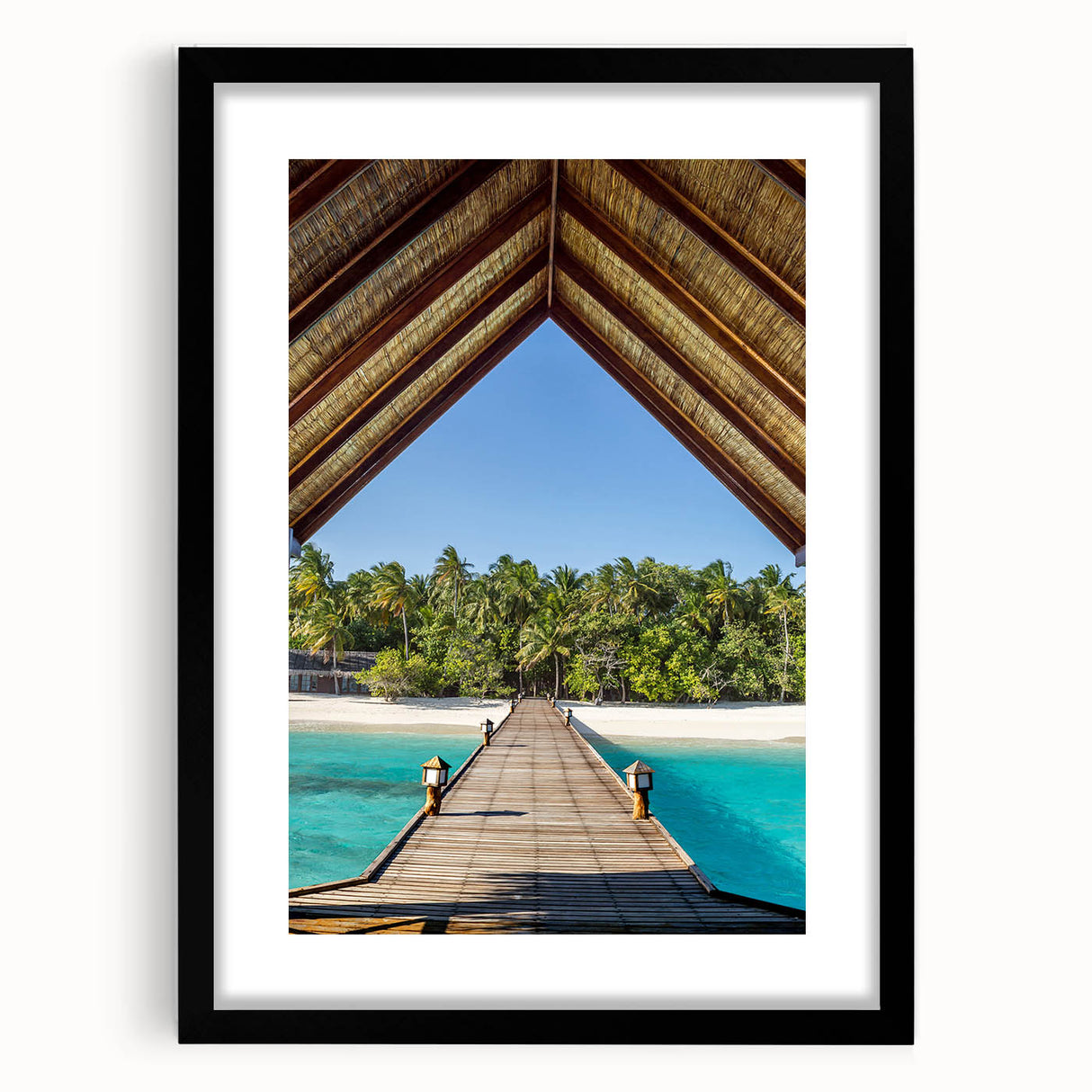 Colorful abstract art print of a Tahitian scenery on a large canvas, framed in black, ideal for living room decor.