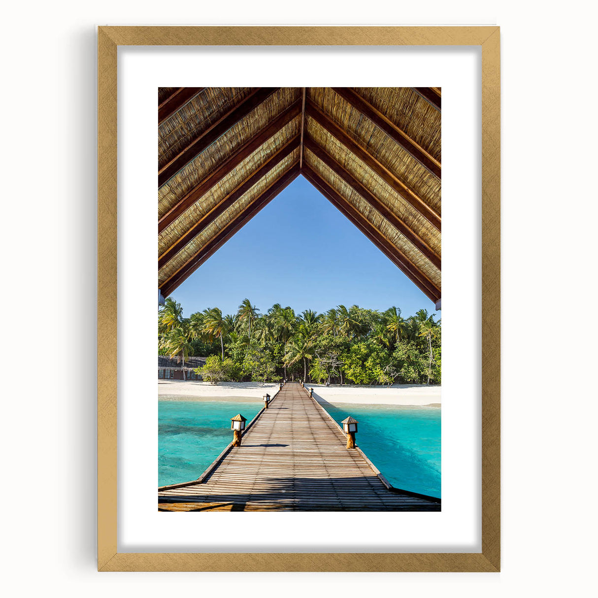 Extra large abstract art print of Tahitian scenery in textured style with gold frame, ideal for living room decor.