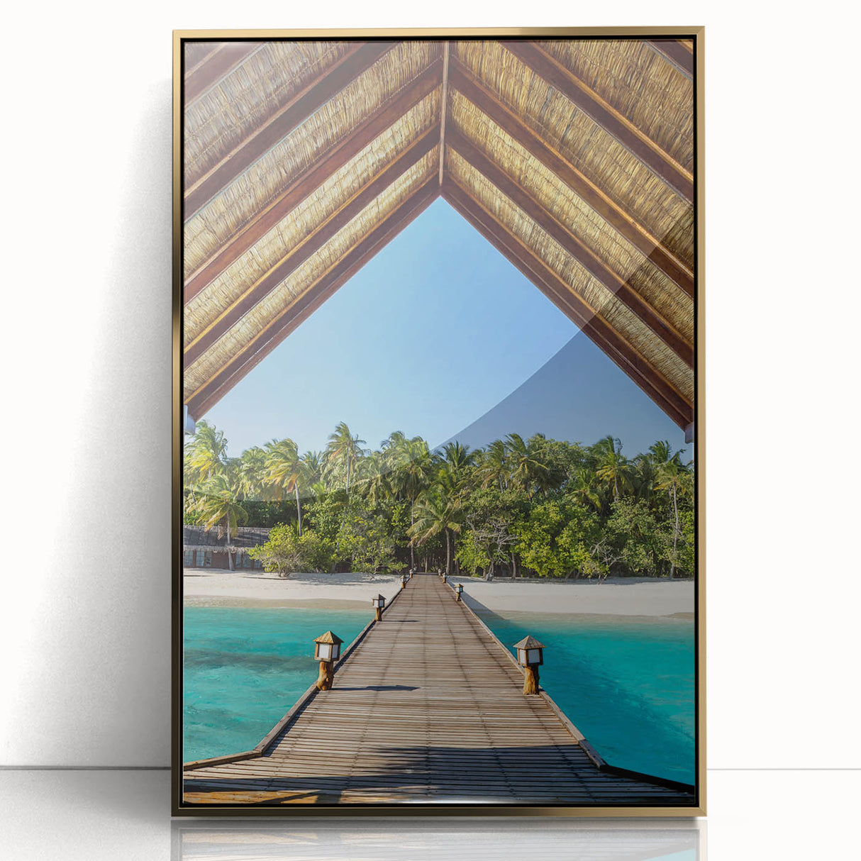 Framed acrylic print of a Tahitian landscape in mid-century modernist style, featuring muted oceanic and green hues.