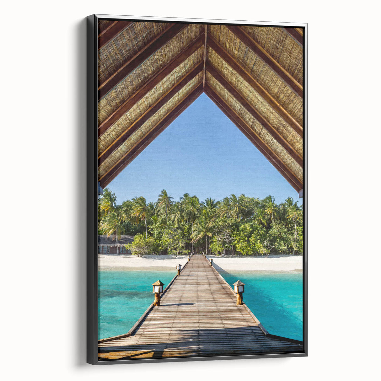 Black and white framed canvas of a Tahitian landscape, featuring silhouetted palm trees against a sky.