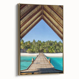 Framed canvas depicting a serene Tahitian landscape in muted greens and blues, ideal for bedroom wall art.