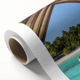 Art Deco poster of Tahiti with vibrant ocean and palm tree scenery, ideal for nursery wall art, on rolled canvas.