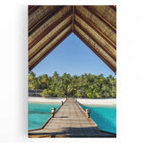 Black and white stretched canvas of Tahiti's coastline, ideal for kitchen wall art.