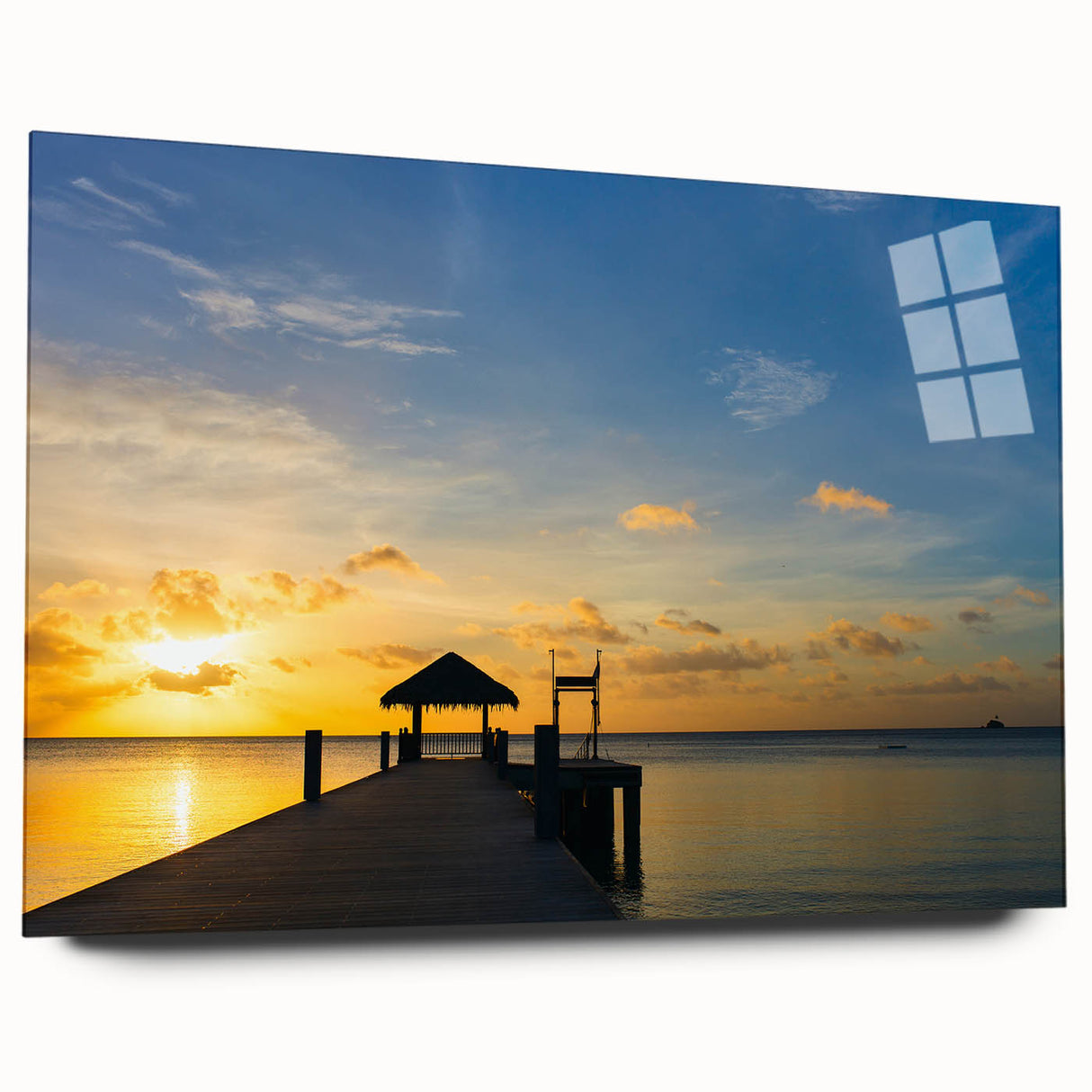 Large abstract oceanic scene in blue and green tones on an acrylic glass, ideal for bedroom or dining room art.