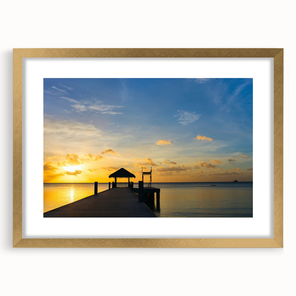Extra large abstract art print of oceanic scenery in a gold frame, ideal for living room decor.