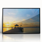 Framed acrylic print of large abstract wall art featuring mid-century modernist design in blue and teal tones.