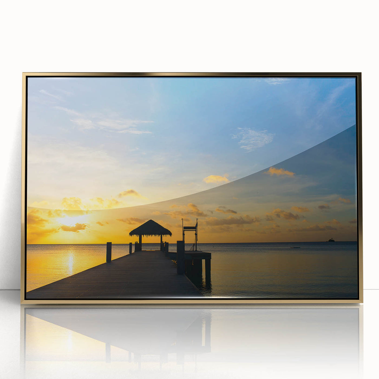 Large art print of an Oceania Micronesia scenery in gold frame, mid-century modernist style, suitable for nursery wall art.