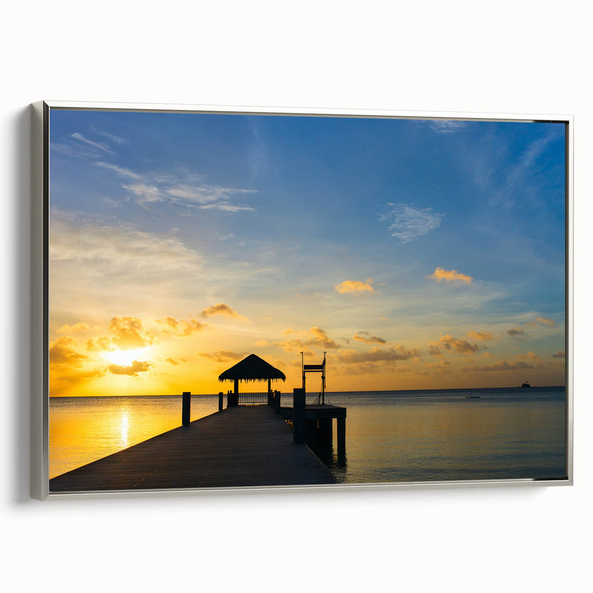 Landscape art painting of Oceania featuring vibrant ocean and sky, framed in silver, ideal for a living room or office.