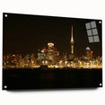 Acrylic print of Auckland skyline in muted blues and greens, ideal for modern dining room ambiance.