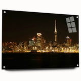 Acrylic print of Auckland skyline in muted blues and greens, ideal for modern dining room ambiance.