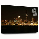 Acrylic print of Auckland, New Zealand skyline in muted blue and green tones, suitable for bedroom or dining room art.