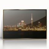 Framed acrylic print of Auckland skyline with soft pastel shades, ideal for modern art wall decor.