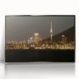 Mid-century modernist art depicting Auckland skyline in muted blue and silver hues on framed acrylic.