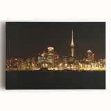 Black and white stretched canvas of Auckland skyline, ideal for kitchen wall art.