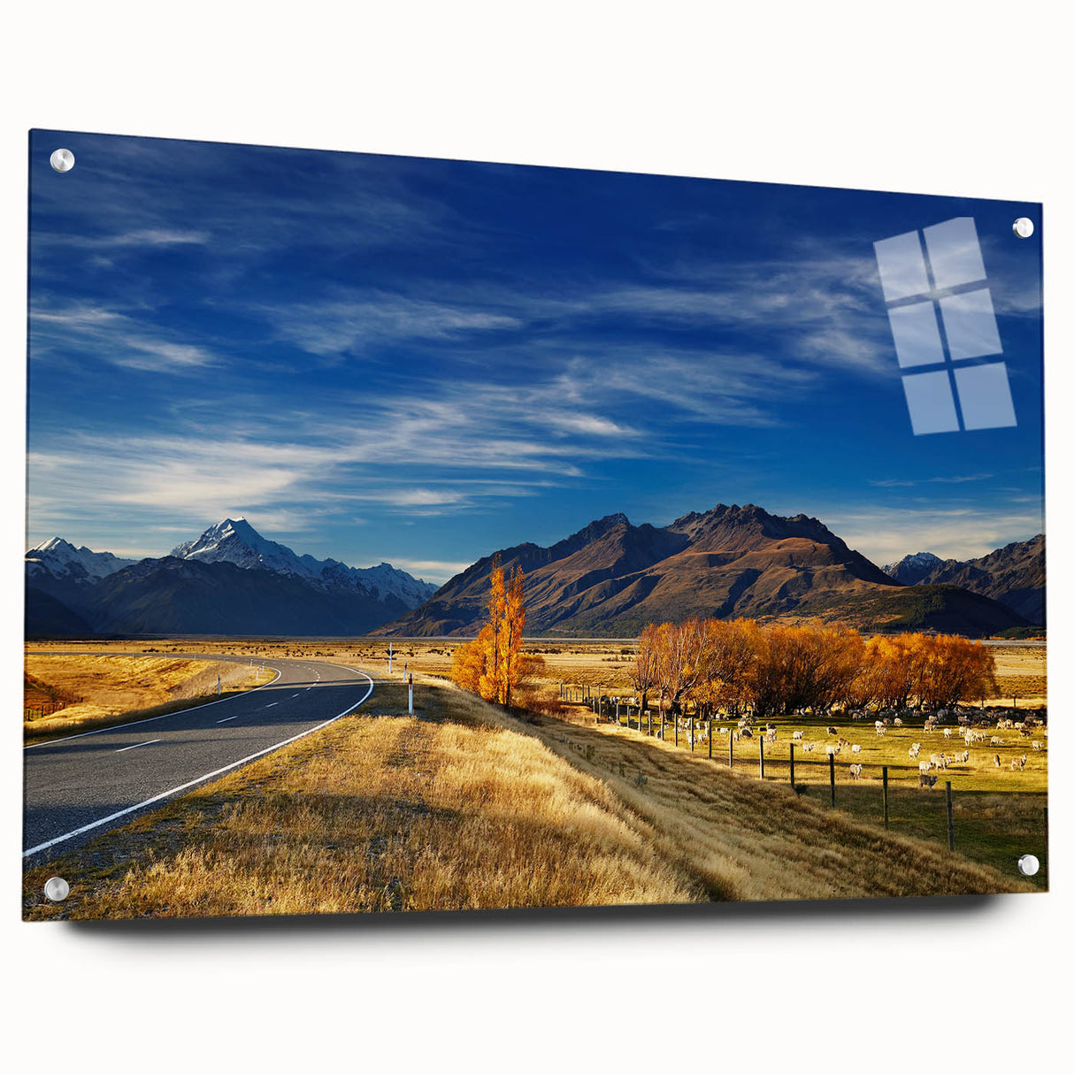 Acrylic print of a large abstract depiction of Canterbury, New Zealand, in muted earth tones.