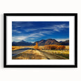Abstract art print of colorful, textured New Zealand Canterbury scenery on extra large canvas, framed in black.