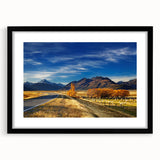 Abstract art print of colorful, textured New Zealand Canterbury scenery on extra large canvas, framed in black.