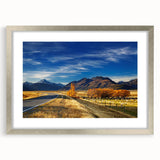 Abstract art print of Canterbury, New Zealand landscape in muted earth tones on a silver-framed canvas.