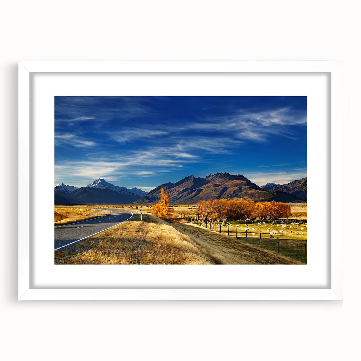 Textured abstract art print depicting Canterbury, New Zealand, in muted earth tones on a white-framed canvas.
