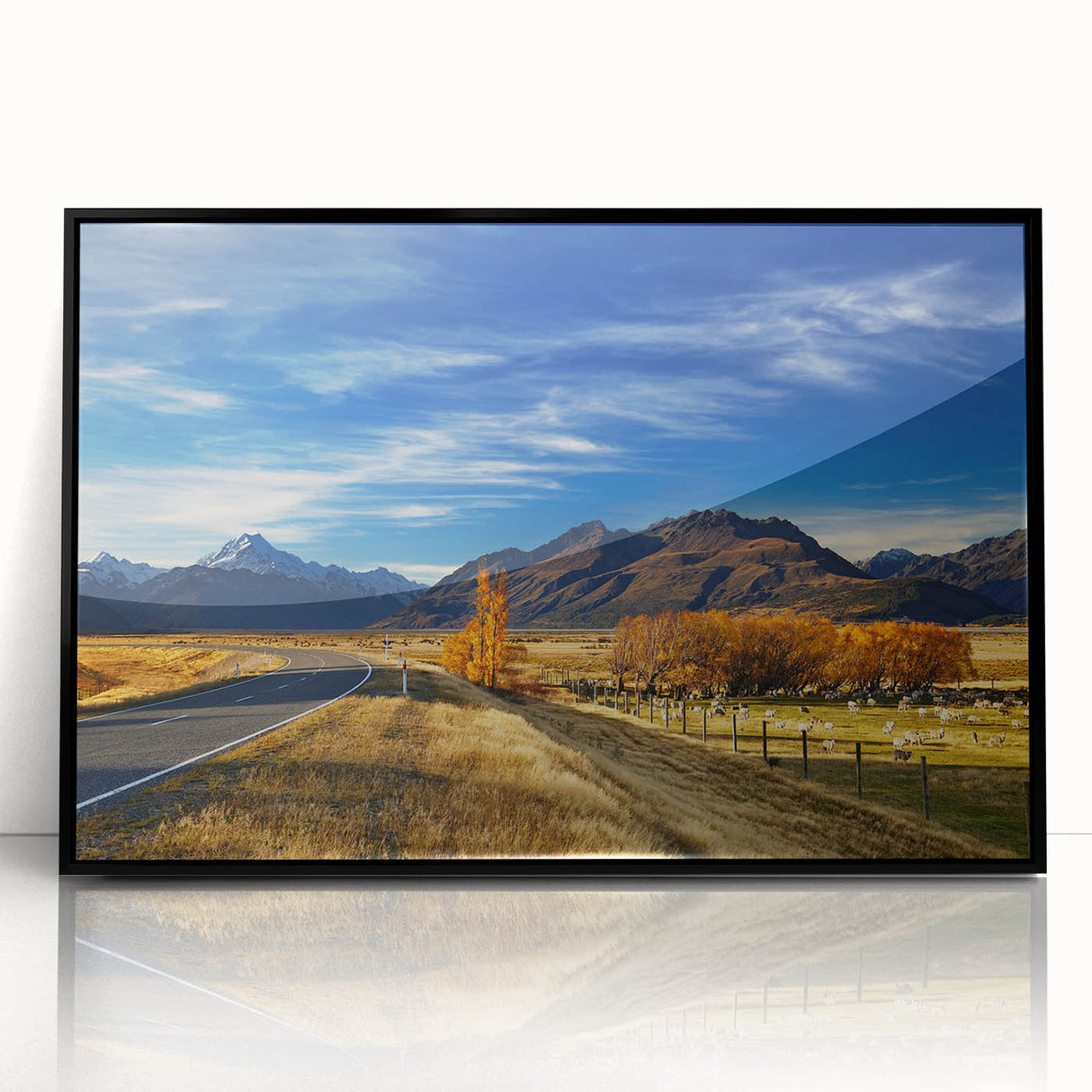 Large abstract wall art depicting the Canterbury, New Zealand landscape in muted earth tones on a framed acrylic print.