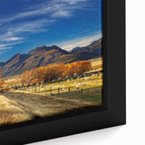 Extra large framed canvas depicting a textured, colorful New Zealand Canterbury scenery in black.