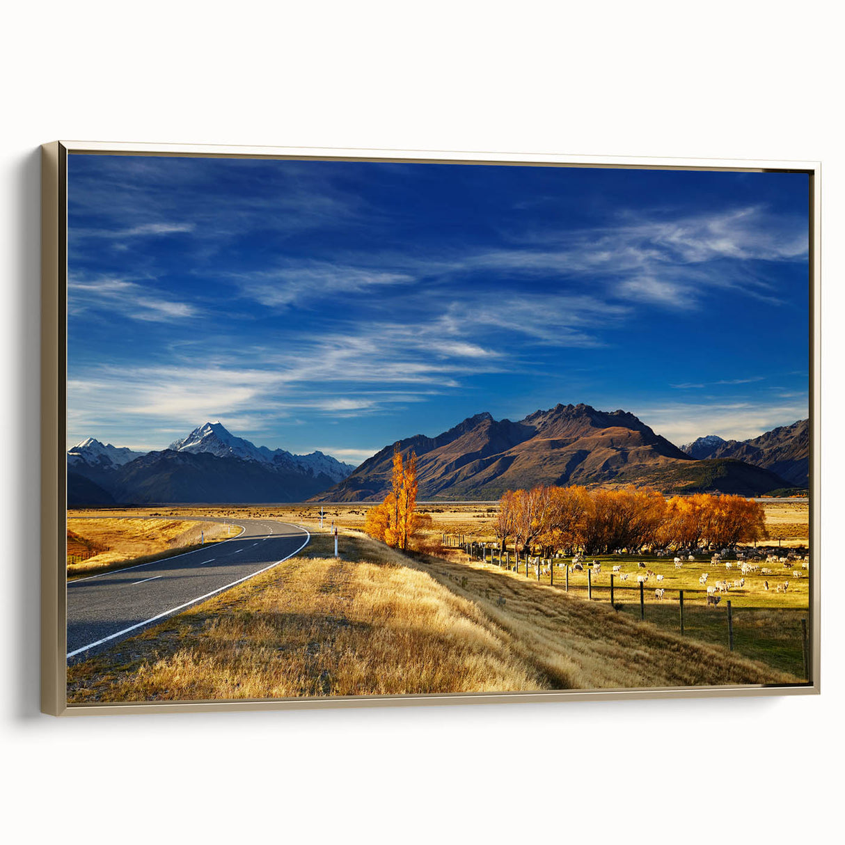 Vintage poster art of Canterbury, New Zealand landscape on black framed canvas, suitable for bedroom ambiance.