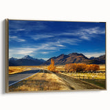 Vintage poster art of Canterbury, New Zealand landscape on black framed canvas, suitable for bedroom ambiance.