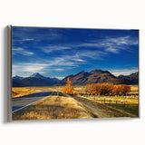 Framed canvas landscape art painting depicting the Canterbury region in New Zealand, featuring vibrant greens and blues.