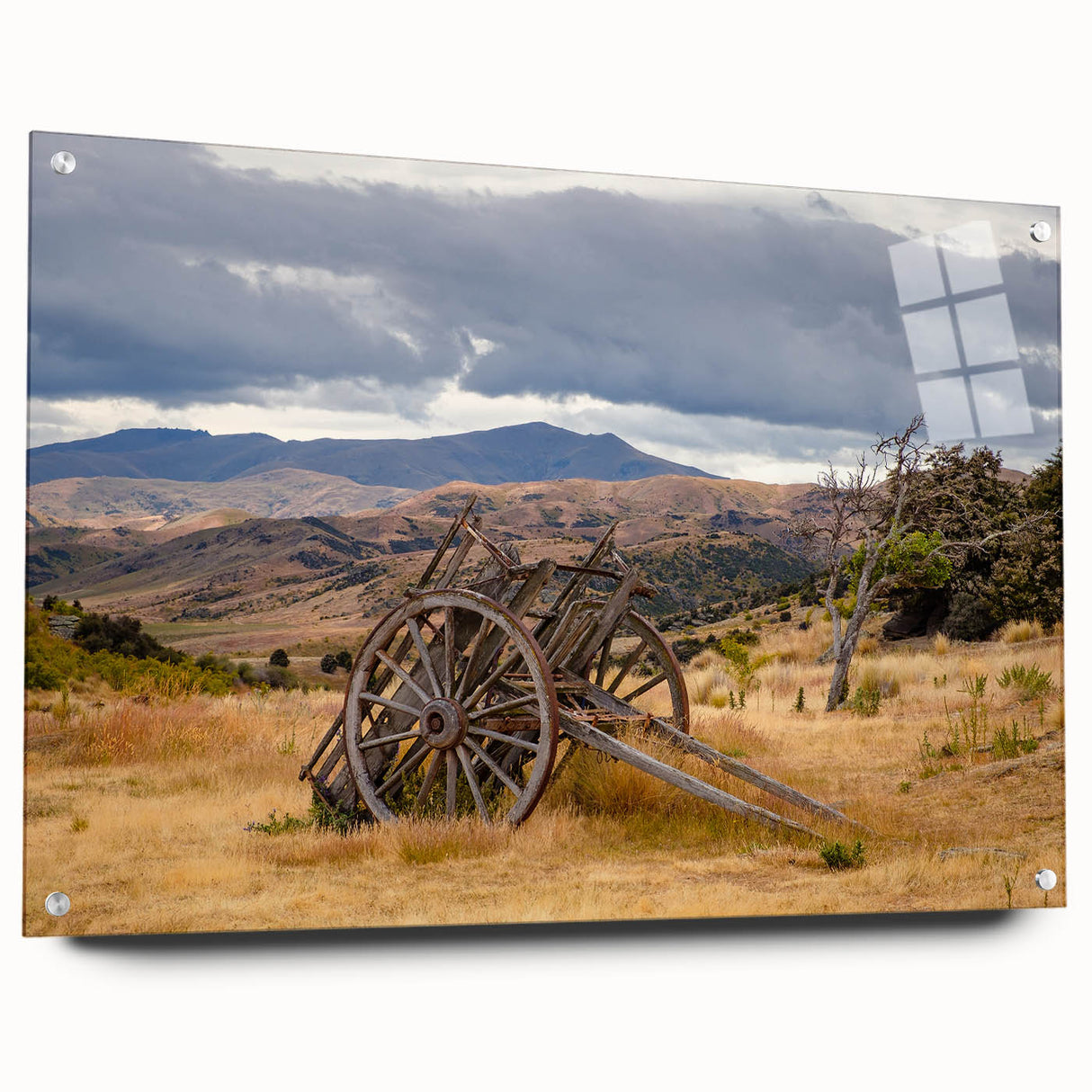 Acrylic print of a large abstract depiction of Otago, New Zealand in blue and green tones.