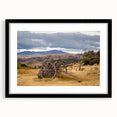 Extra large abstract art print depicting a textured New Zealand Otago landscape in muted earth tones, framed in black.